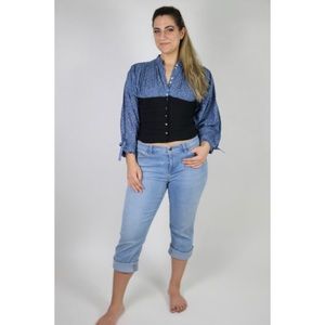 Floral Blue/Black Corset Peasant Top